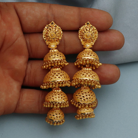 Big 22k Yellow Gold Earrings jewelry , handmade vintage Pure Traditional wedding indian style WEDDING Dangle Jhumki Earrings Chandelier