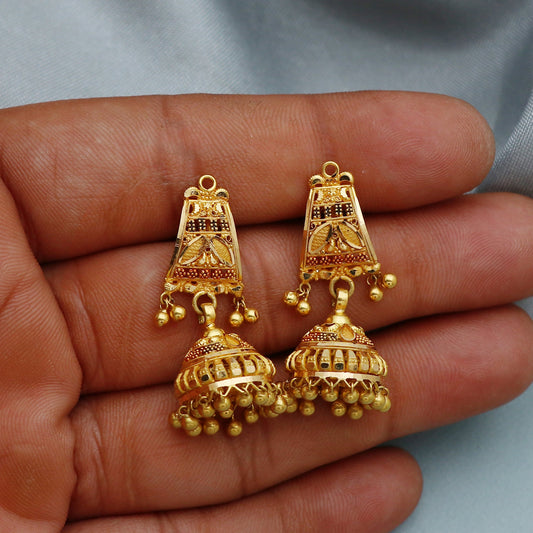 22k Yellow Gold Earrings Jhumka jewelry , handmade vintage Pure Traditional wedding indian style WEDDING Dangle Jhumki Earrings Chandelier