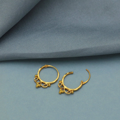 Pure 20k Yellow Gold Hoop Bali Earrings, Huggies, Beads Handmade gold earrings for women, Christmas gift, dainty Indian gold earrings