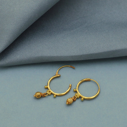 Pure 20k Gold Hoop Bali Earrings, solid gold Huggies, Beads Handmade gold earrings for women, Christmas gift, dainty Indian gold earrings