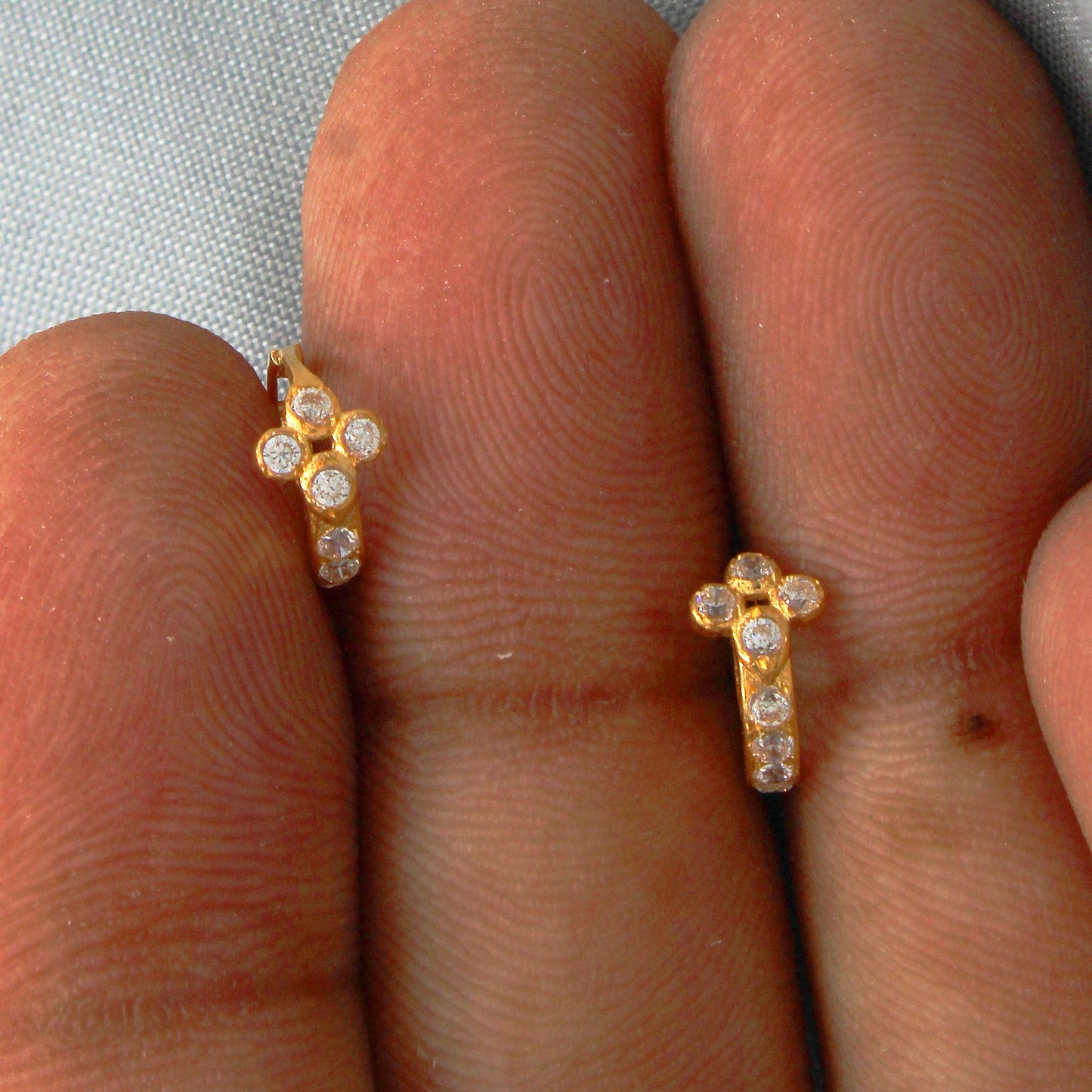 Zircon 18k Yellow Gold Hoop Bali Cartilage Earrings , Handmade Yellow gold small earrings, daughter Day gift, flower 18kt gold earrings gift