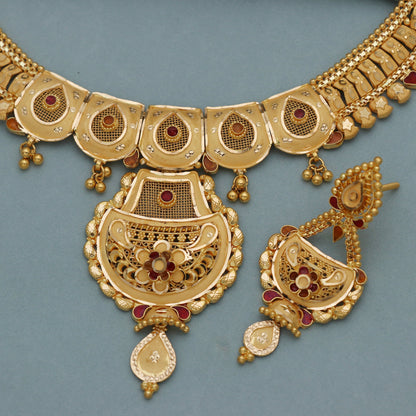 22k Yellow Gold Indian Necklace Earring Set: Handmade Wedding Jewelry