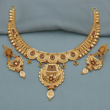 22k Yellow Gold Indian Necklace Earring Set: Handmade Wedding Jewelry