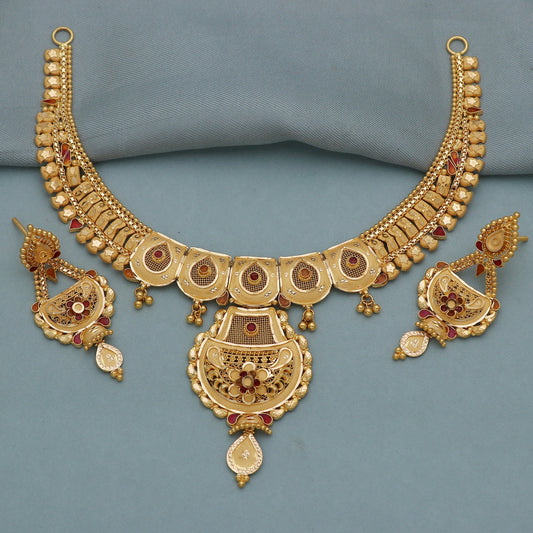 22k Yellow Gold Indian Necklace Earring Set: Handmade Wedding Jewelry