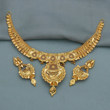 22k Yellow Gold Indian Necklace Earring Set: Handmade Wedding Jewelry