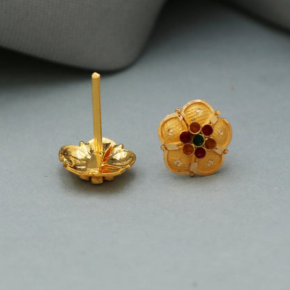 22k Yellow Gold Stud Earrings , Handmade Yellow gold earrings for women, vintage antique design indian gold earrings jewelry, Gold Stud Gift