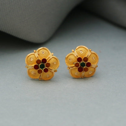 22k Yellow Gold Stud Earrings , Handmade Yellow gold earrings for women, vintage antique design indian gold earrings jewelry, Gold Stud Gift
