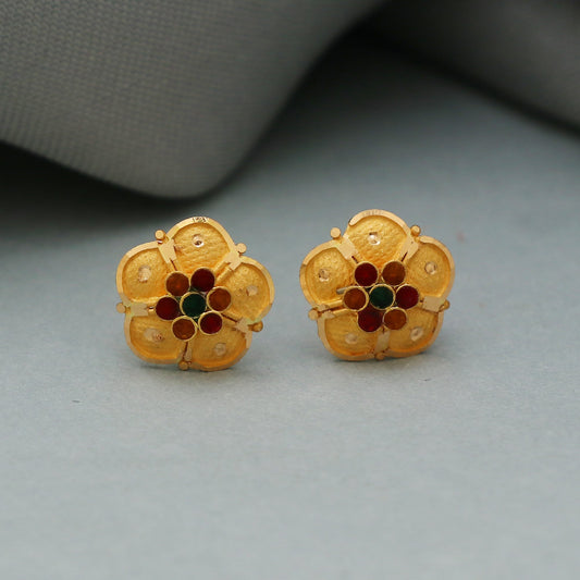22k Yellow Gold Stud Earrings , Handmade Yellow gold earrings for women, vintage antique design indian gold earrings jewelry, Gold Stud Gift