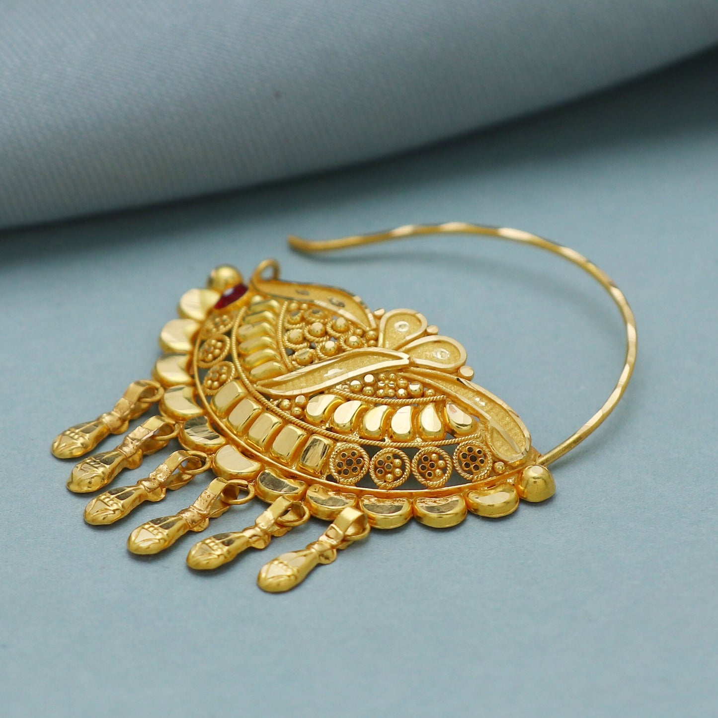 22k Yellow Gold Traditional Nath Nose Ring with Intricate Design, Indian Bridal Jewelry, Handmade Wedding Jewelry,