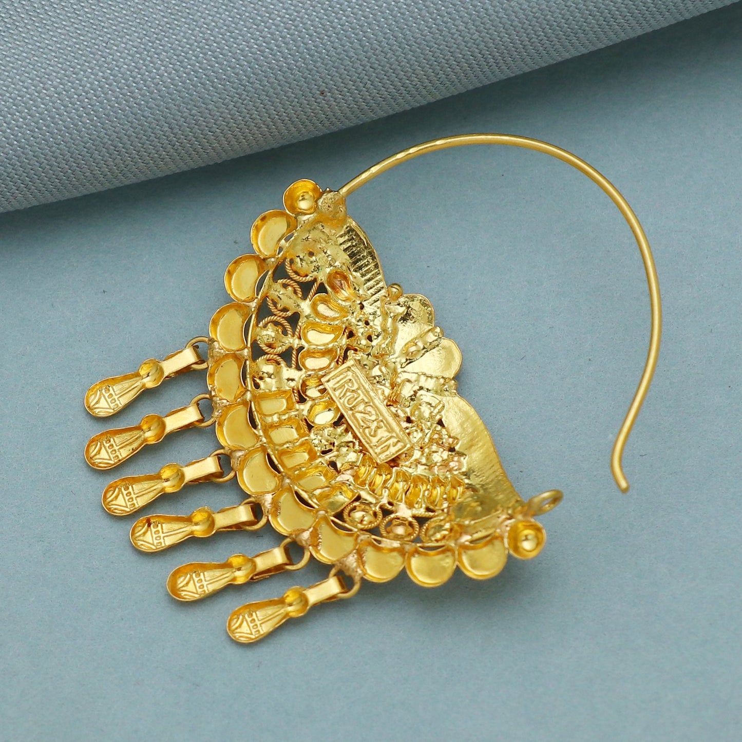 22k Yellow Gold Traditional Nath Nose Ring with Intricate Design, Indian Bridal Jewelry, Handmade Wedding Jewelry,