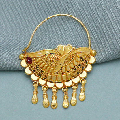 22k Yellow Gold Traditional Nath Nose Ring with Intricate Design, Indian Bridal Jewelry, Handmade Wedding Jewelry,