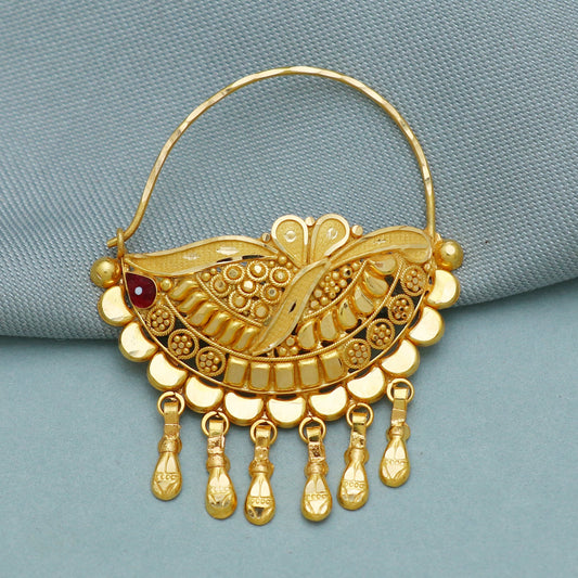 22k Yellow Gold Traditional Nath Nose Ring with Intricate Design, Indian Bridal Jewelry, Handmade Wedding Jewelry,