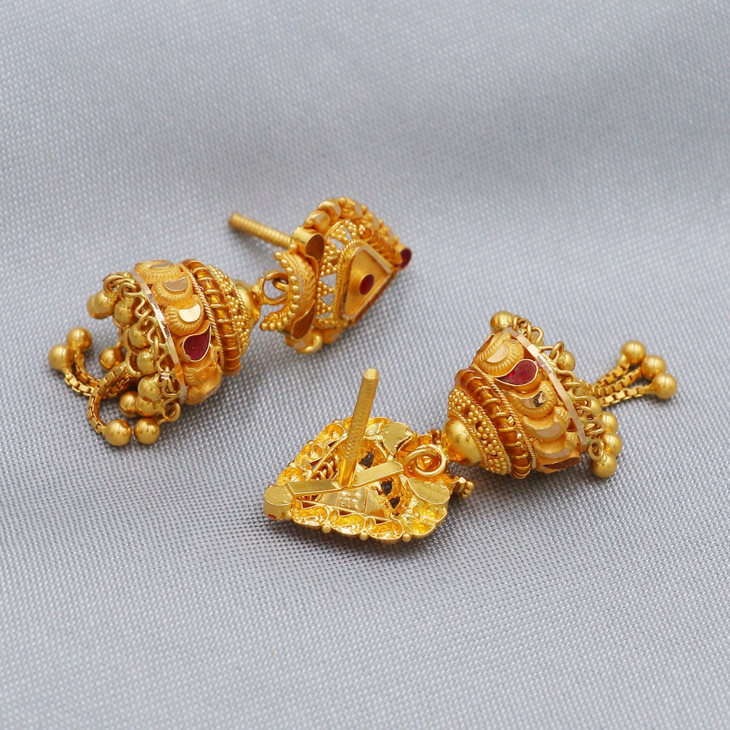 22k Gold Earrings Jhumki : Handmade Indian Dangle Chandelier Gold Jewelry with Hanging Small chain beads