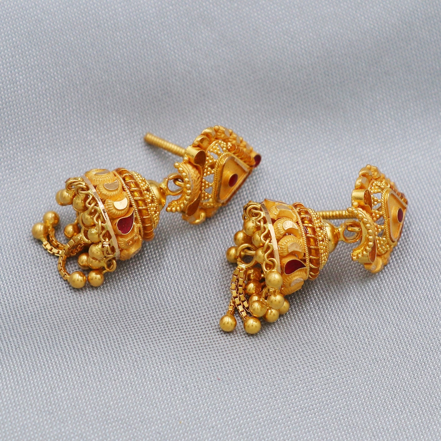 22k Gold Earrings Jhumki : Handmade Indian Dangle Chandelier Gold Jewelry with Hanging Small chain beads