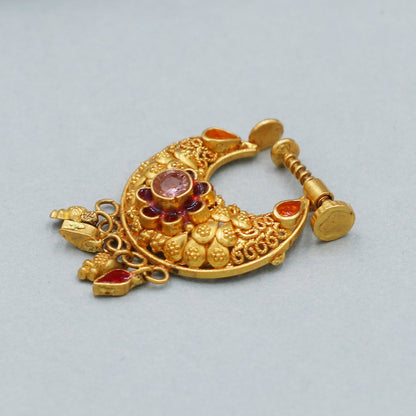 indian vintage design Pure Gold Nath Nose Ring, Screw non piercing Traditional Indian Handmade Nose pin, 22k Yellow Gold Nath