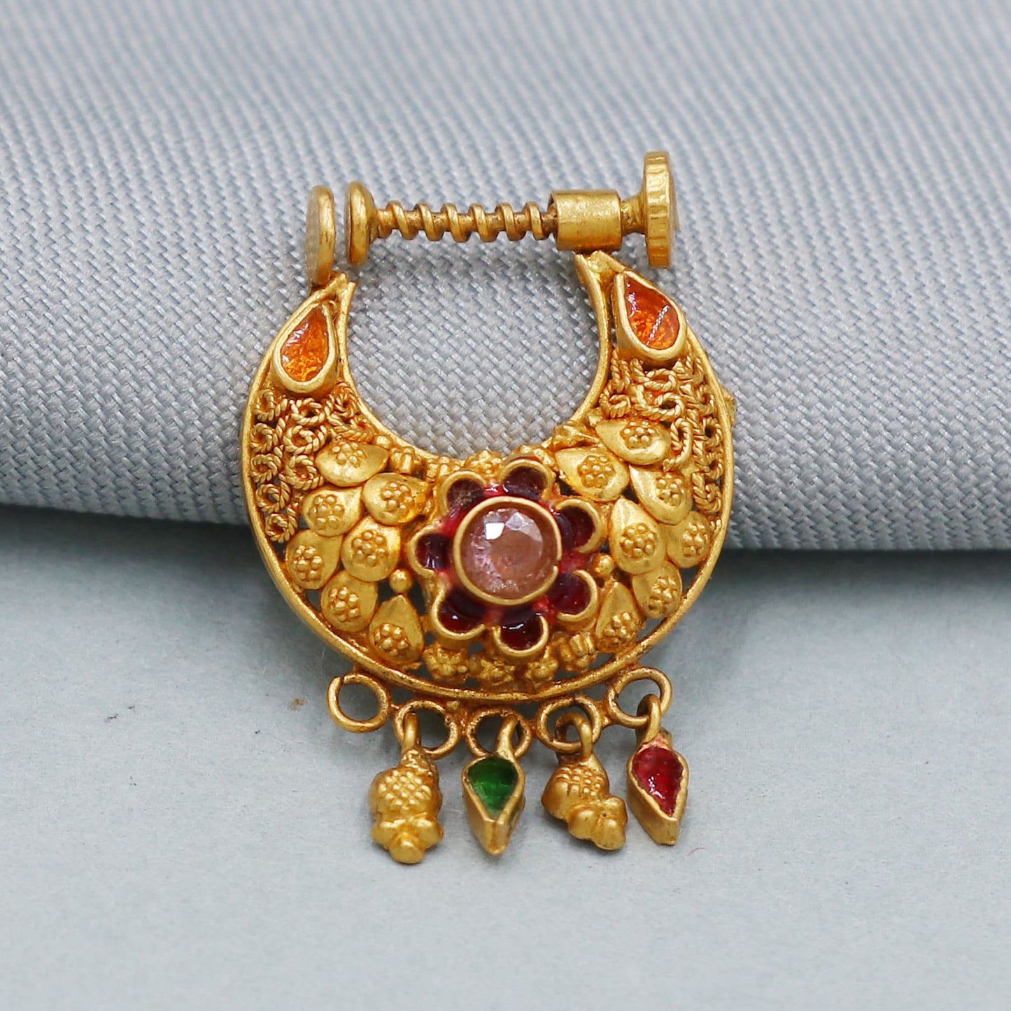indian vintage design Pure Gold Nath Nose Ring, Screw non piercing Traditional Indian Handmade Nose pin, 22k Yellow Gold Nath