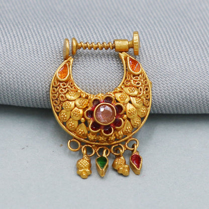 indian vintage design Pure Gold Nath Nose Ring, Screw non piercing Traditional Indian Handmade Nose pin, 22k Yellow Gold Nath
