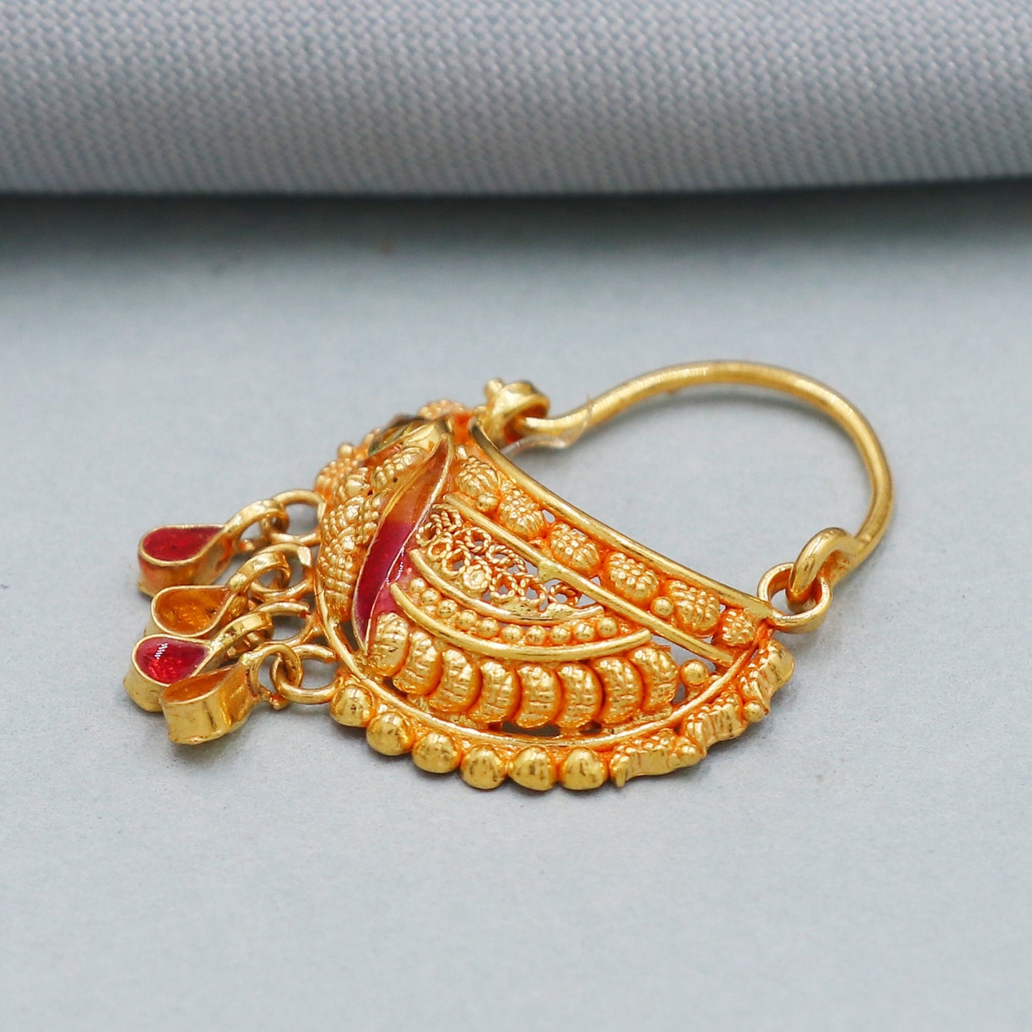 22k Yellow Gold Nath Nose Ring Nose Pin, Bali earrings Indian Handmade Jewelry