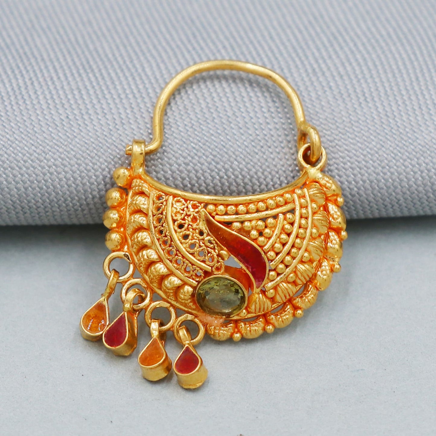 indian vintage design Pure Gold Nath / Earrings Nose Ring Traditional Indian Handmade Nose pin, 22k Yellow Gold Nath