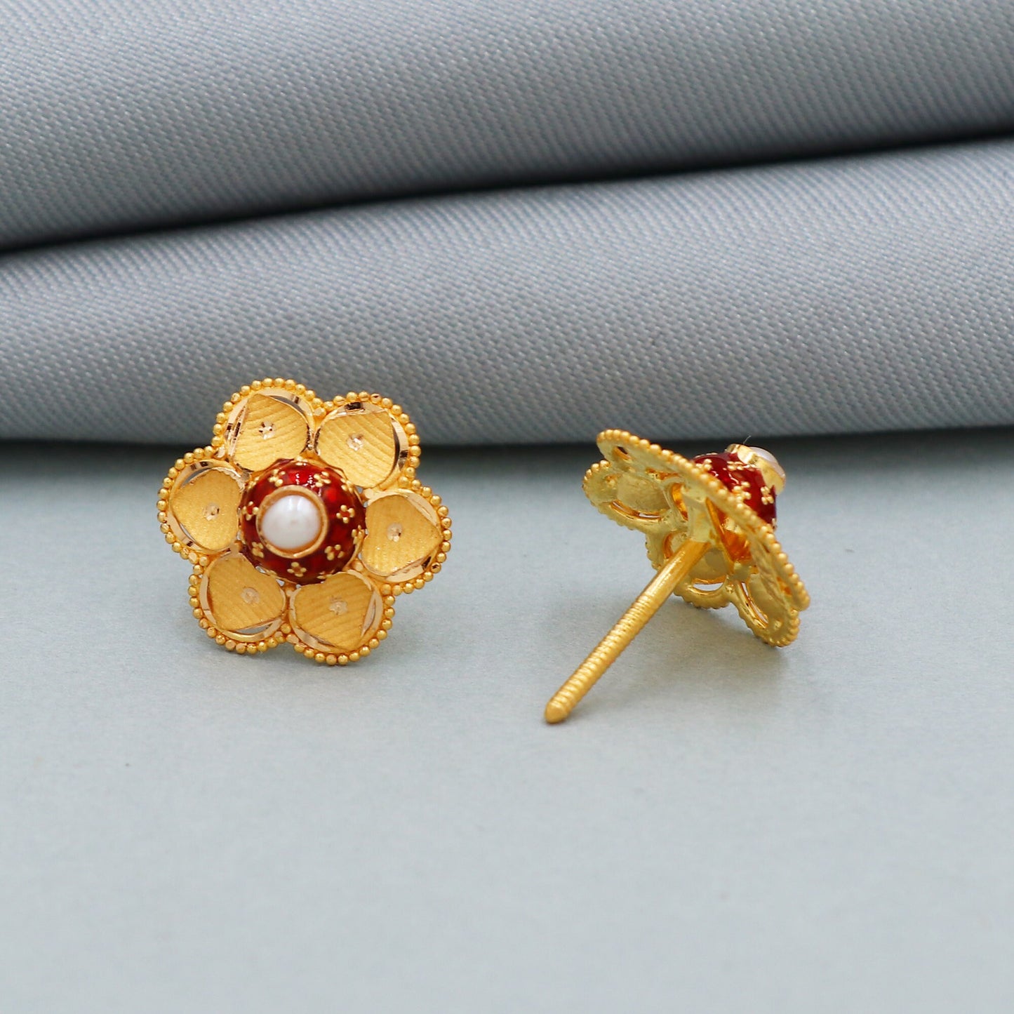 Red colored enamel 22k Yellow Gold Stud Earrings, Gold Tops, Pearl Flower Handmade Earrings for Gift