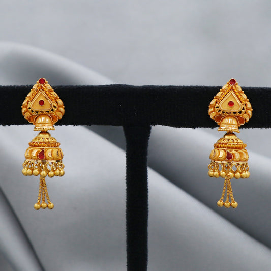 22k Gold Earrings Jhumki : Handmade Indian Dangle Chandelier Gold Jewelry with Hanging Small chain beads
