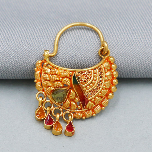 Designer handcrafted jewels in 22k Gold, Women Nose Ring Handmade Indian Women Wedding Jewelry