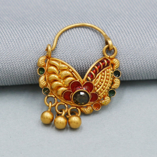22k Yellow Gold Nath Nose Ring Pin, Indian Handmade Wedding Party Wear Bridal Jewelry