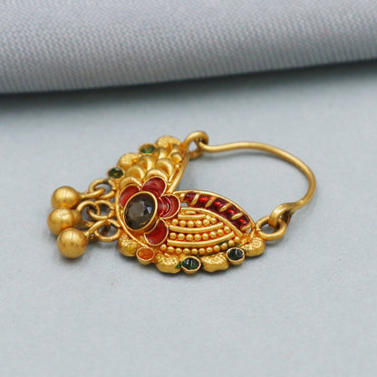 22k Yellow Gold Nath Nose Ring Pin, Indian Handmade Wedding Party Wear Bridal Jewelry