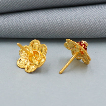 Red colored enamel 22k Yellow Gold Stud Earrings, Gold Tops, Pearl Flower Handmade Earrings for Gift