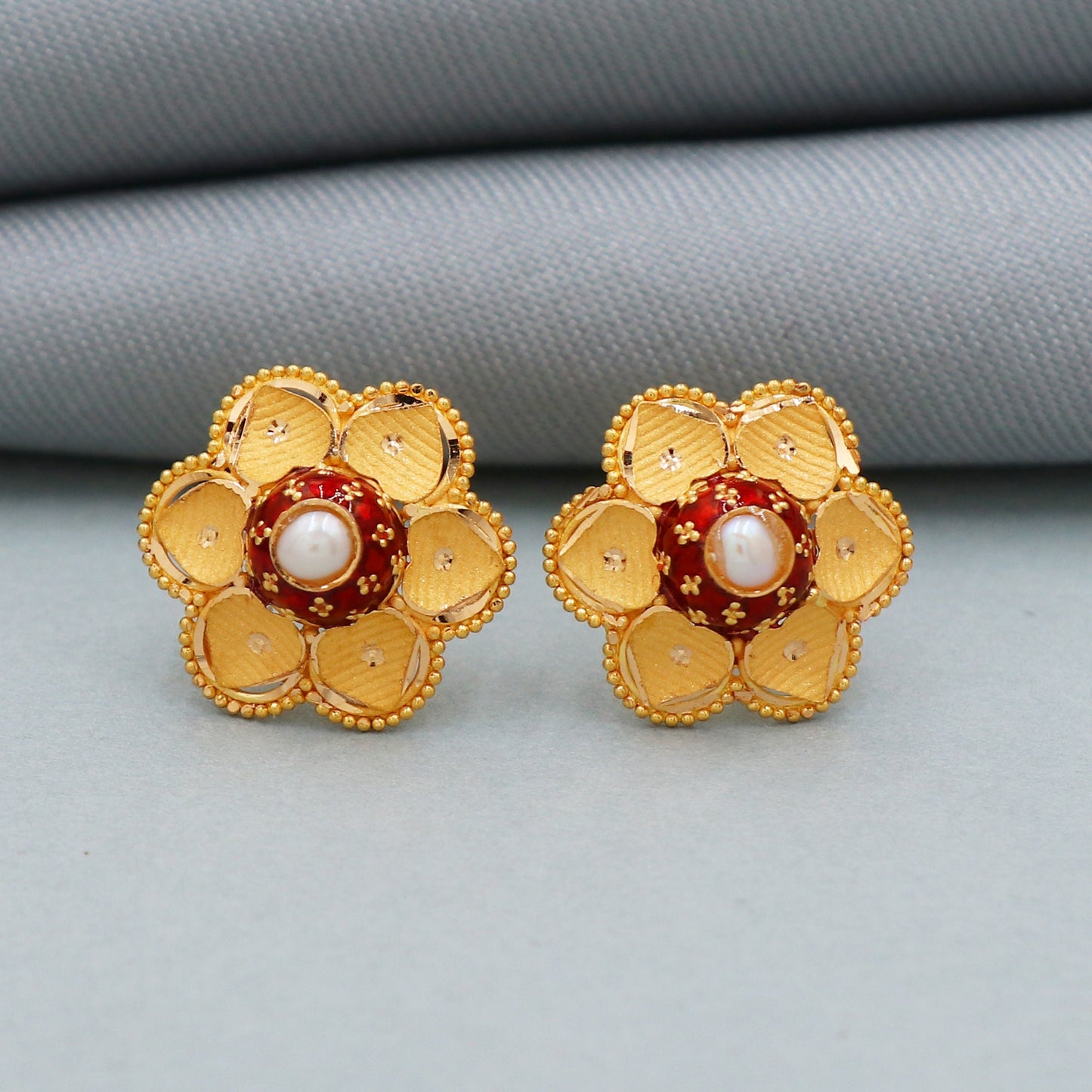 Red colored enamel 22k Yellow Gold Stud Earrings, Gold Tops, Pearl Flower Handmade Earrings for Gift