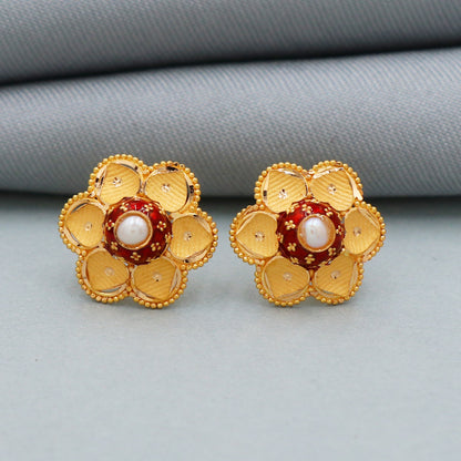 Red colored enamel 22k Yellow Gold Stud Earrings, Gold Tops, Pearl Flower Handmade Earrings for Gift