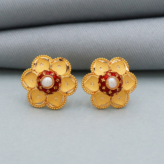 Red colored enamel 22k Yellow Gold Stud Earrings, Gold Tops, Pearl Flower Handmade Earrings for Gift