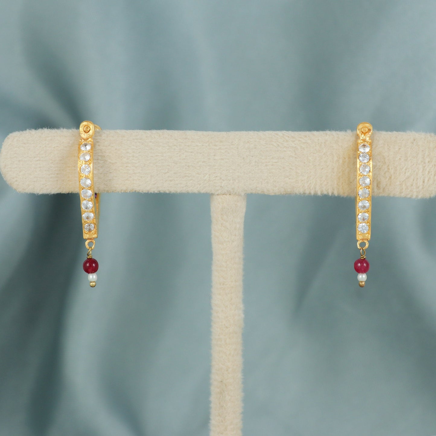 Kundal 22k Yellow Gold Hoop Bali Earrings , Handmade Yellow gold earrings RED PINK WHITE stones , gift, indian gold earrings, ethnic hoop