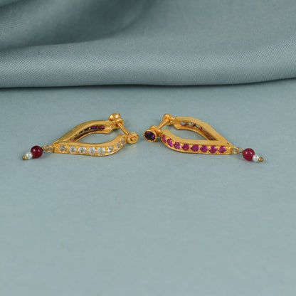 Kundal 22k Yellow Gold Hoop Bali Earrings , Handmade Yellow gold earrings RED PINK WHITE stones , gift, indian gold earrings, ethnic hoop