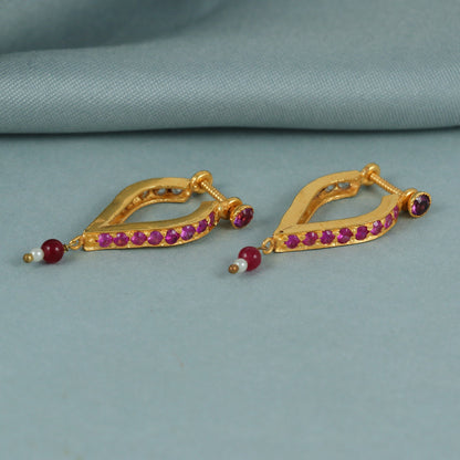Kundal 22k Yellow Gold Hoop Bali Earrings , Handmade Yellow gold earrings RED PINK WHITE stones , gift, indian gold earrings, ethnic hoop