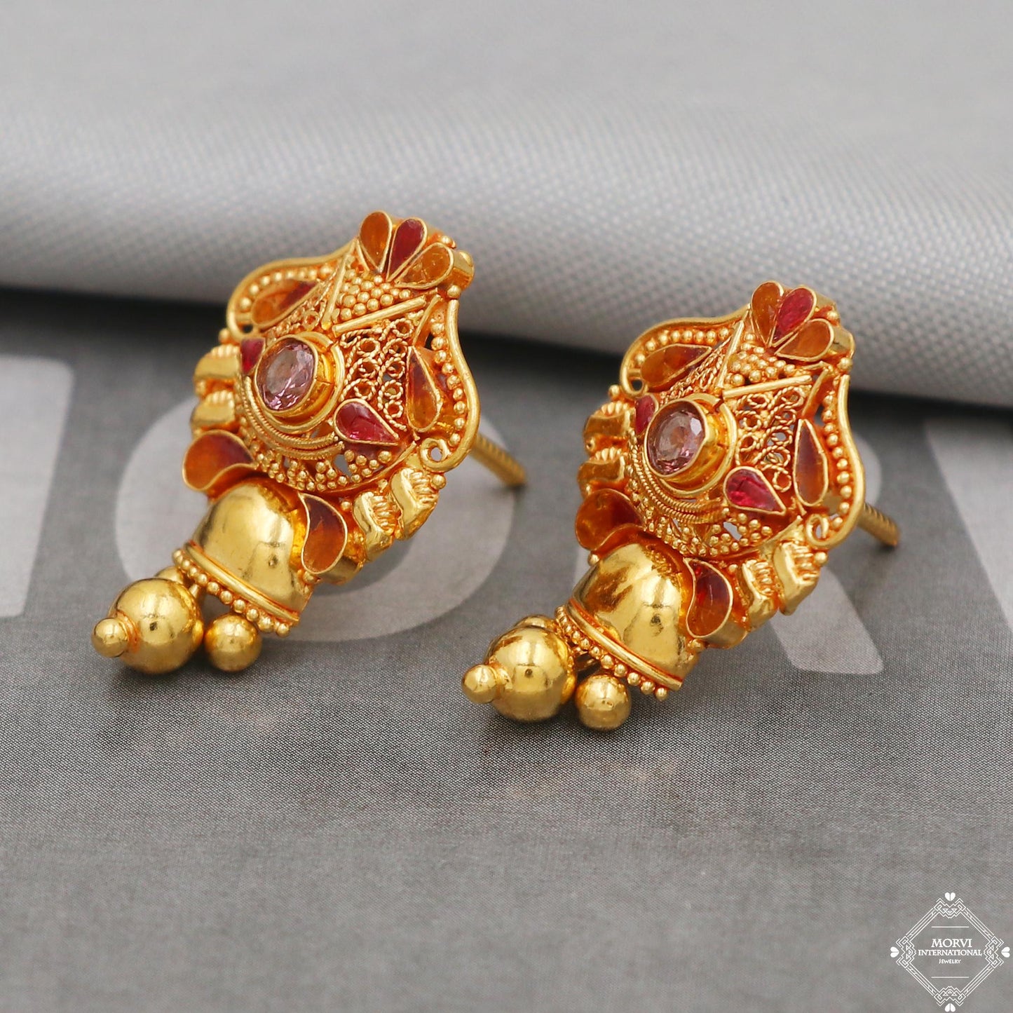 Pure 22k Gold Earrings, Solid 22kt Gold Dangling Bell Earrings Jewelry for Gift, K5126