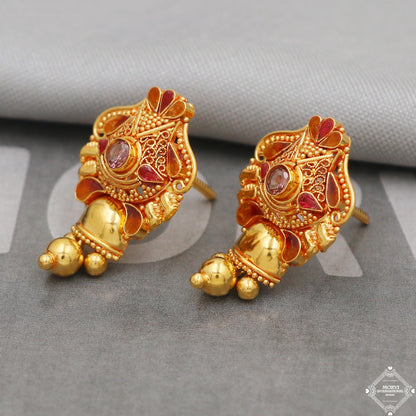 Pure 22k Gold Earrings, Solid 22kt Gold Dangling Bell Earrings Jewelry for Gift, K5126