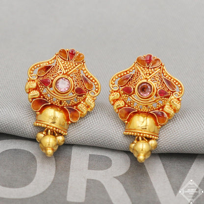Pure 22k Gold Earrings, Solid 22kt Gold Dangling Bell Earrings Jewelry for Gift, K5126