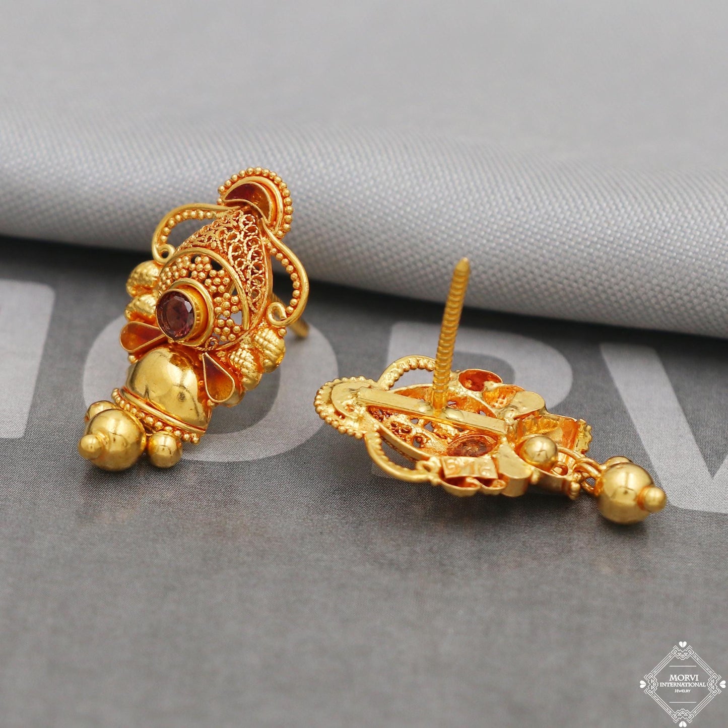 22k Yellow Gold Earrings Unique Handmade Indian 22kt Gold Dangling Bell Earrings Jewelry for Gift, K5127