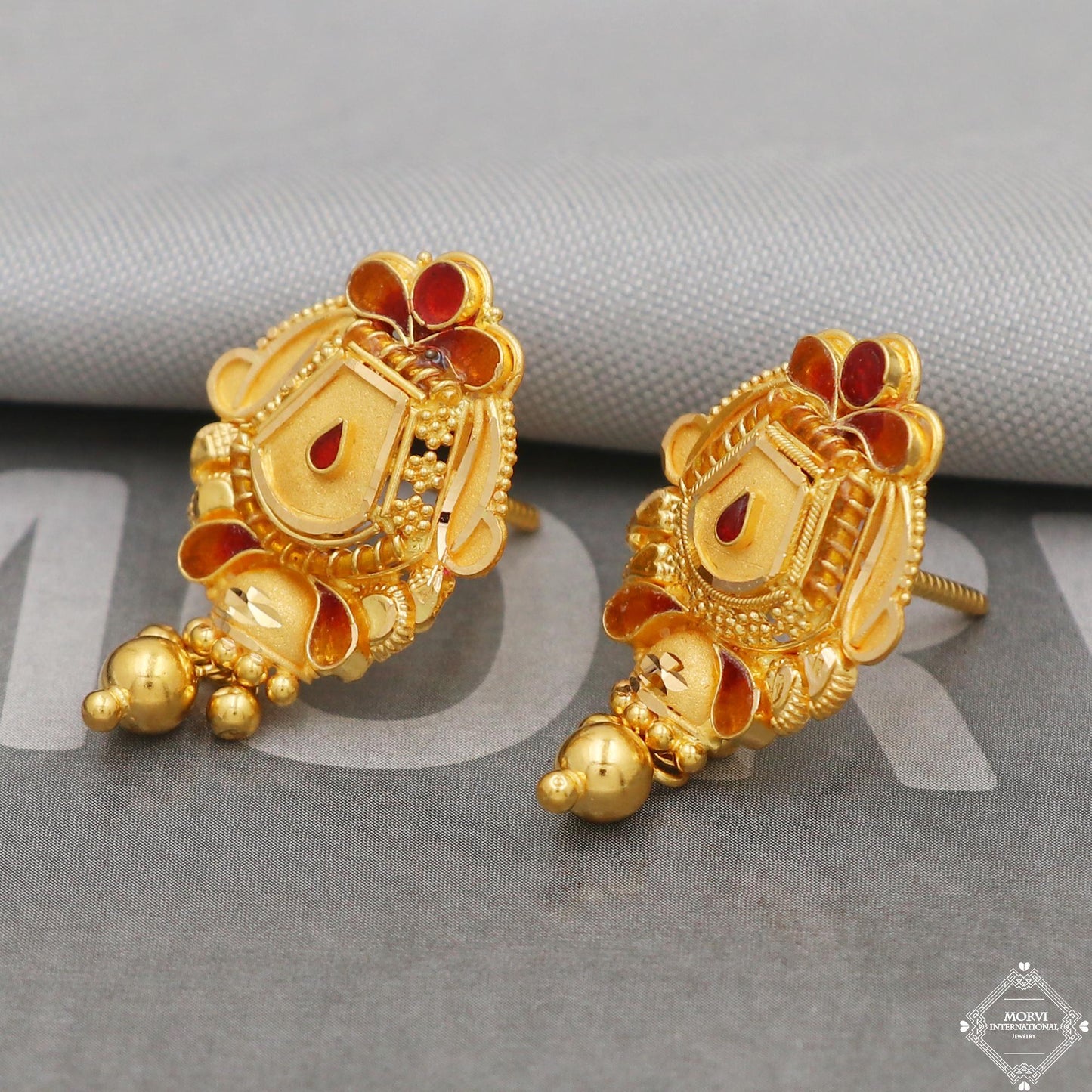 22k 22 karat Gold Earrings Unique Handmade Indian 22kt Gold Stud Dangling Bells Earrings Jewelry for Gift, K5132