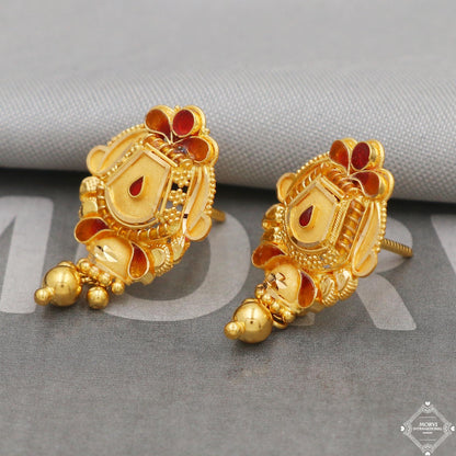 22k 22 karat Gold Earrings Unique Handmade Indian 22kt Gold Stud Dangling Bells Earrings Jewelry for Gift, K5132