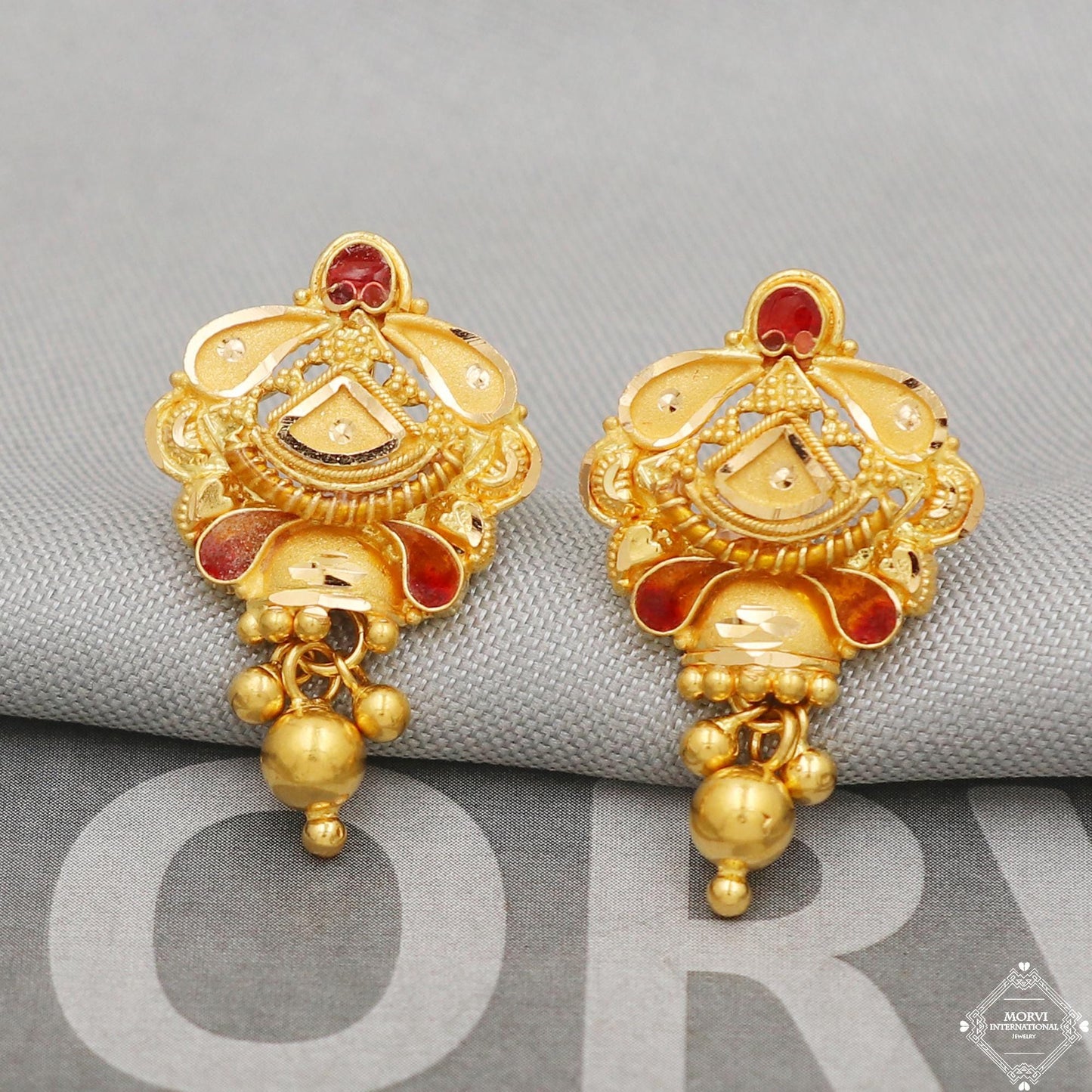 22 karat 22k Yellow Gold Earrings Handmade Indian 22kt Gold Stud Dangling Bells Earrings Jewelry for Gift, K5133