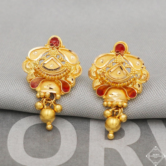 22 karat 22k Yellow Gold Earrings Handmade Indian 22kt Gold Stud Dangling Bells Earrings Jewelry for Gift, K5133
