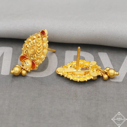 22k Yellow Gold Earrings Unique Handmade Indian 22kt Gold Stud Dangling Bell Earrings Jewelry for Gift, K5137