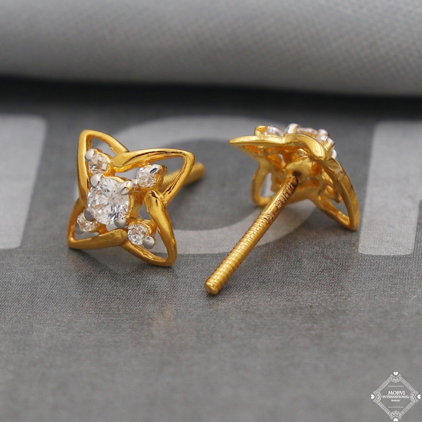 22k Yellow Gold Earrings Square Unique Handmade Indian 22kt Gold Stud White Stone Earrings Jewelry for Gift, K5141