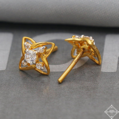 22k Yellow Gold Earrings Square Unique Handmade Indian 22kt Gold Stud White Stone Earrings Jewelry for Gift, K5141