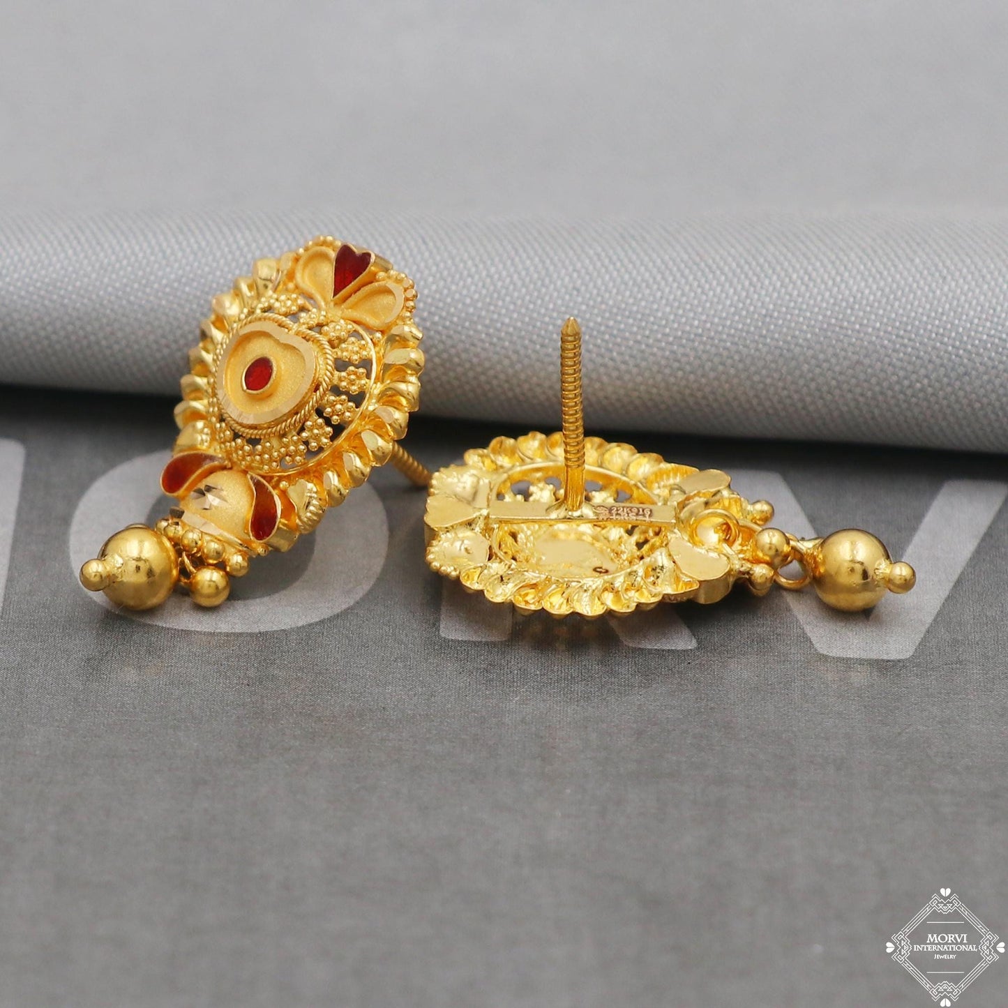 22kt 22k Yellow Gold Earrings Unique Handmade Indian 22kt Gold Stud Dangling Bell Earrings Jewelry for Gift, K5143
