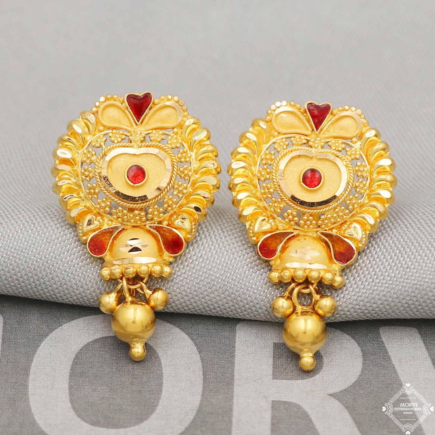 22kt 22k Yellow Gold Earrings Unique Handmade Indian 22kt Gold Stud Dangling Bell Earrings Jewelry for Gift, K5143