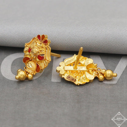 22k Gold Earrings Unique Handmade Indian 22kt Gold Stud Dangling Bell Earrings Jewelry for Gift, K5149