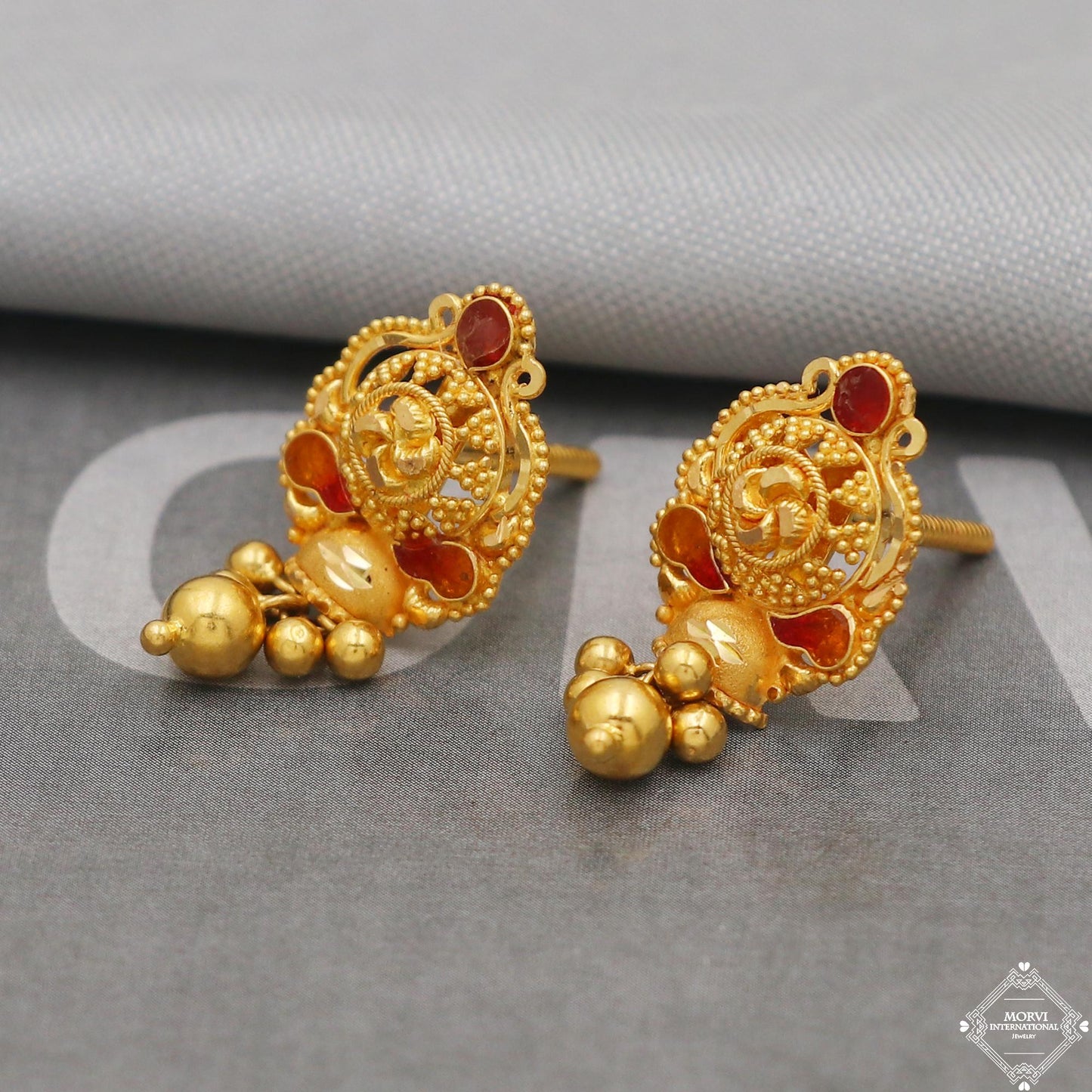 22k Gold Earrings Dangle Small Tiny Bells Party Wear Handmade Indian 22kt Gold Dangle screw back Earrings Jewelry for Gift, K5154